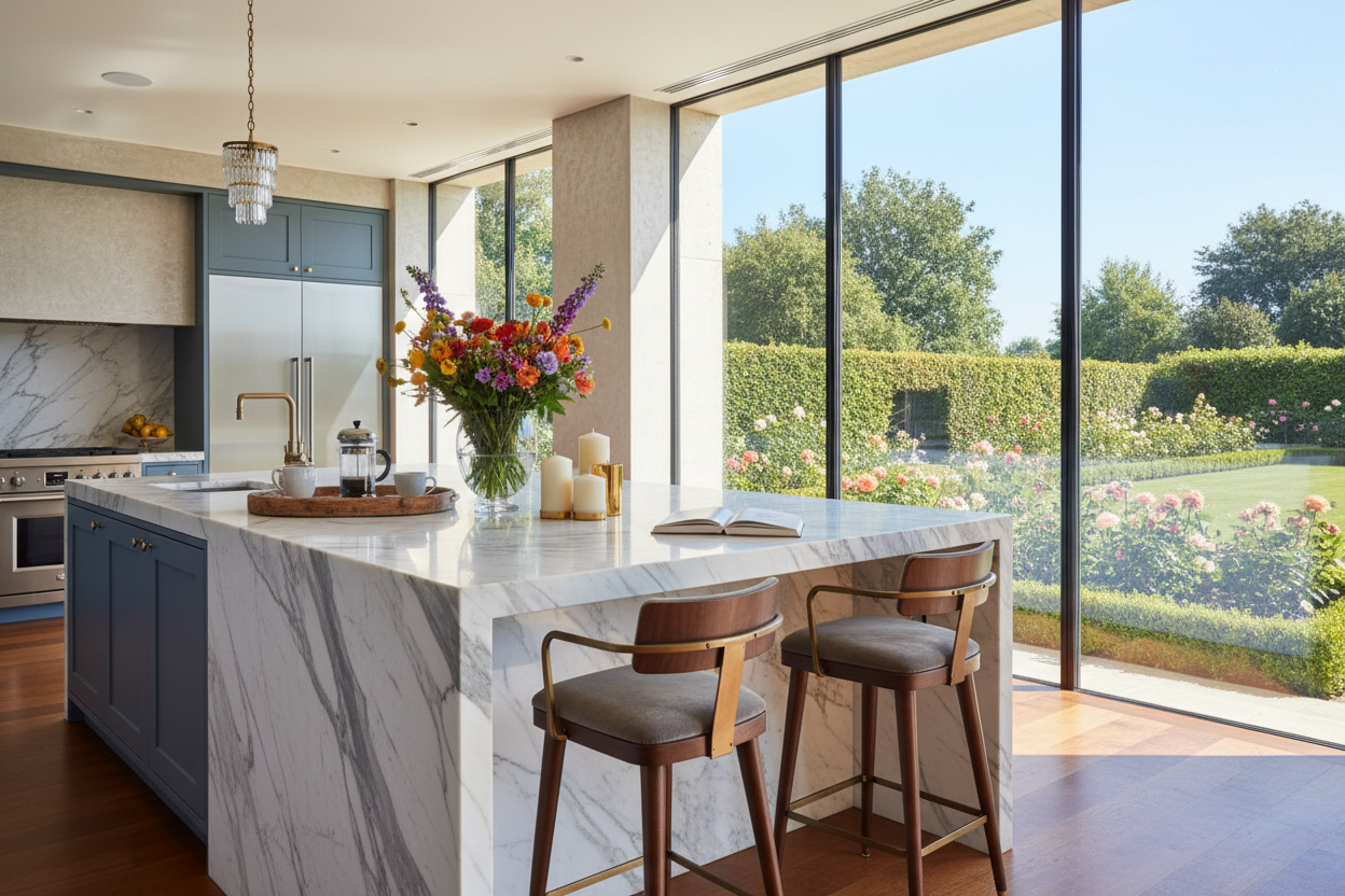 generate a very beautiful kitchen overlooking the garden with big marble island with 2 bar chairs, vase of flowers, open book, some candles, with coffee cup and coffee press on top of a wooden tray